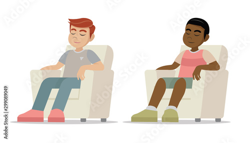 Cartoon character Poses, man sits in an armchair and sleeps. A person is resting or thinking about something good.,vector eps10