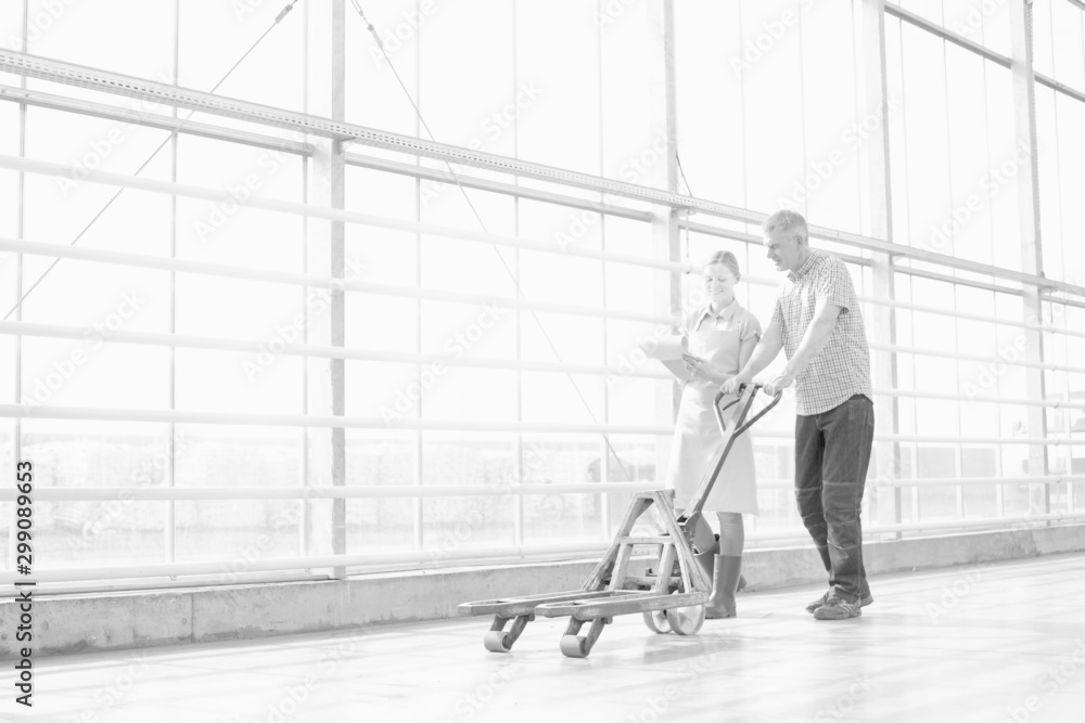 Black and white photo of young female farmer checking clipboard while senior farmer pushing forklift cart in greenhouse Black and white photo of young female farmer checking clipboard while senior farmer pushing forklift cart in greenhouse
