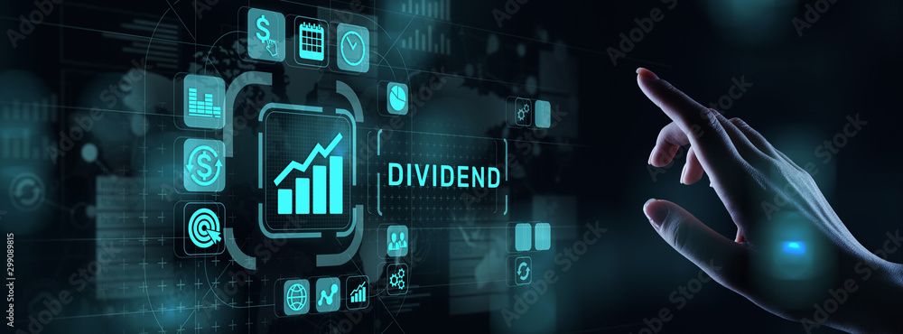 Dividends button on virtual screen. Return on Investment ROI financial business wealth concept.