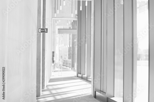 Black and white photo of empty office hall