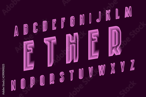 Ether alphabet of purple translucent letters. 3d vibrant font. Isolated english alphabet.