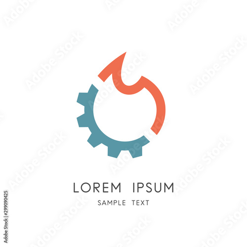 Combustion engine logo - gear wheel and fire or flame symbol. Mechanical engineering and industry vector icon.