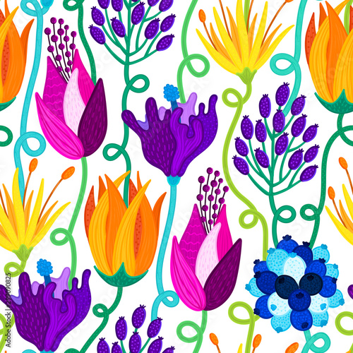 Floral seamless pattern. Hand drawn beautiful flowers. Colorful repeating background with blossom. Speckled petals. Design for wallpaper  textiles  wrapping paper  card. Vector illustration  eps10