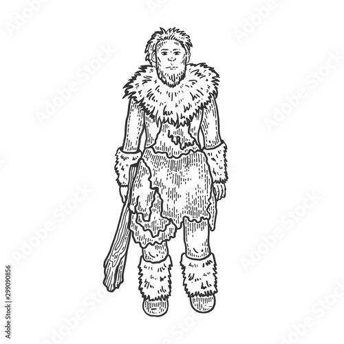 Primitive caveman human sketch engraving vector illustration. T-shirt apparel print design. Scratch board style imitation. Black and white hand drawn image.
