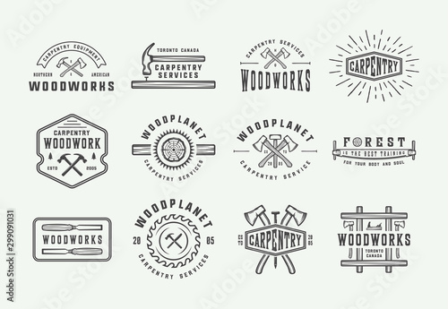 Set of vintage carpentry, woodwork and mechanic labels, badges, emblems and logo. Vector illustration. Monochrome Graphic Art.