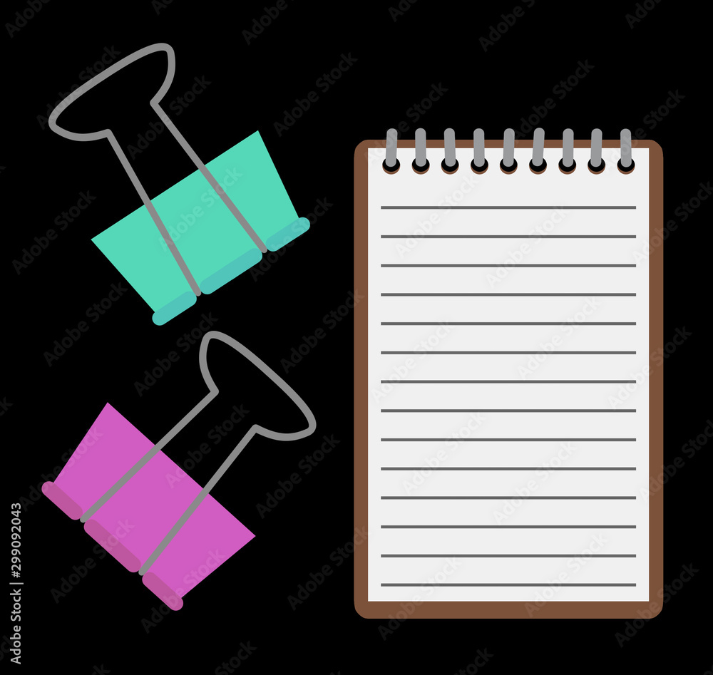 Set of illustrations brown Notepad with paper with blank lines and big green and purple paper clips isolated on flat background for business or school Set of illustrations brown Notepad with paper with blank lines and big green and purple paper clips isolated on flat background for business or school