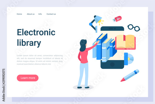 Electronic library access vector, education and getting knowledge from publication. Ebooks and online application for reading, exam preparation. Website or webpage template, landing page flat style