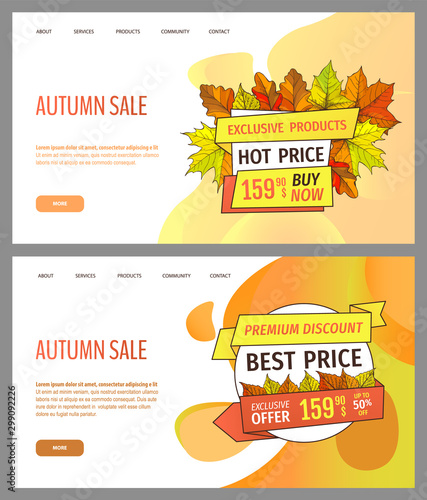 Set of cards with seasonal proposition from store, vector. Shop sale in autumn. Autumnal offer discounts. Fall leaves with gold tags. Flyer hot price and lowered cost, promotion premium quality goods