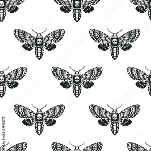 seamless pattern deaths head hawk moth vector illustration isolated on white. hand drawn tattoo style. Black and white vector art.