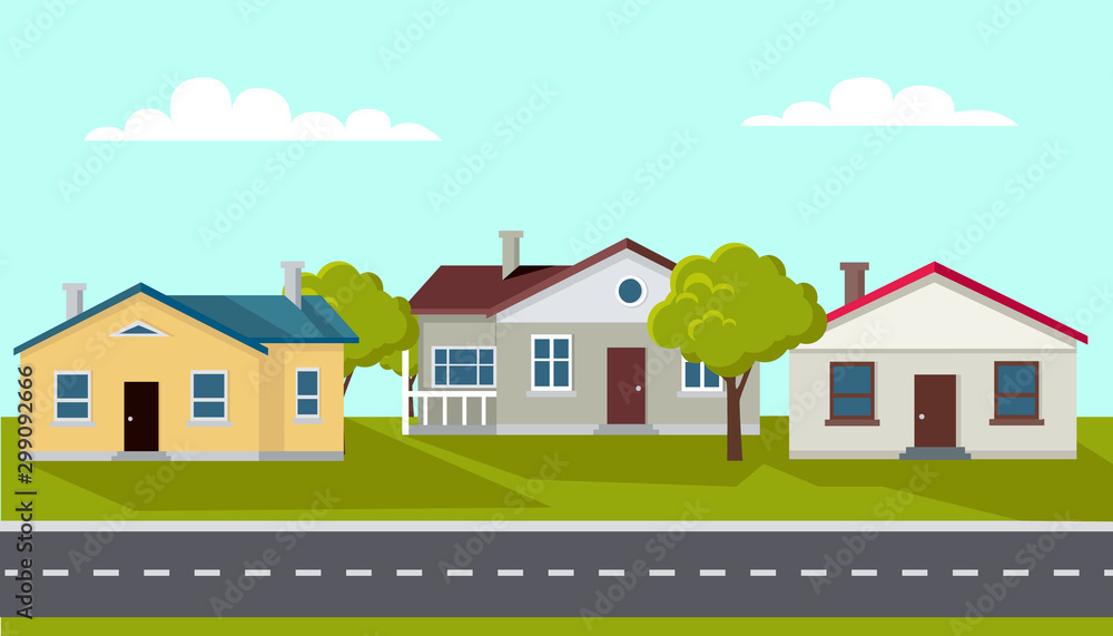 Tranquil town with few buildings, calm city with trees and greenery