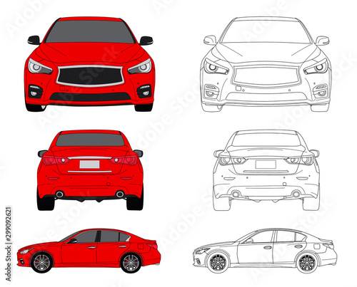 Modern Car in Japanese style Concept from Front, rear and side in red color and line art. Illustration isolated on white background
