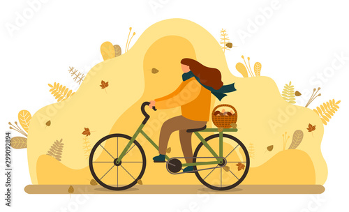 Woman riding bicycle in autumn forest vector. Girl going home after gathering mushrooms, lot of boletus in wooden basket. Person cycling bike, illustration with yellow leaves. Mushrooming season