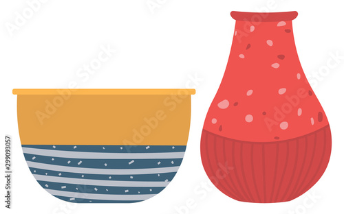 Set of striped vase isolated on white. Crockery decorative jar with waves ornament, color pot in flat style design, ceramic flowerpot. Handmade items from clay. Vase for flowers. Vector illustration