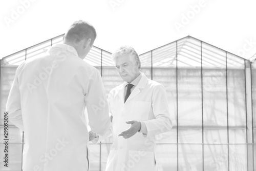 Mature male biochemists discussing while standing against clear blue sky