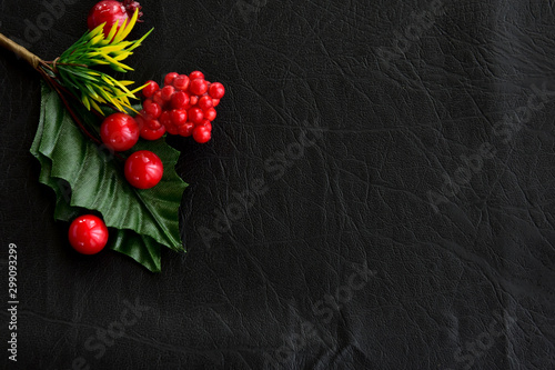 Christmas decoration of fir branches with red fruits on a black background.