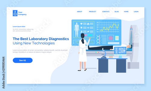 Laboratory diagnostics, using new technologies, patient lying, cardiogram equipment, standing assistant or doctor near screen of health report, computer tomografy CT, magnetic resonance imaging MRI