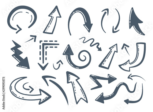 Collection of Handmade Doodle Vector Arrows. Different hand drawn arrow icons. Cursor  curve  up and down design set in cartoon style.