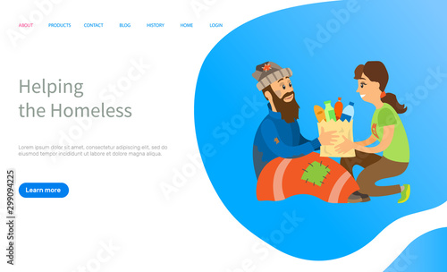 Helping to homeless, woman volunteer giving products to beggar man, charity online for vagabond, poor people, social volunteering, share vector. Website or slider app, landing page flat style