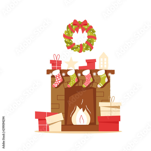 Classic brick fireplace with Christmas socks, gifts and a wreath on a neutral background. New year vector illustration in flat style for web banner, greeting card or tags