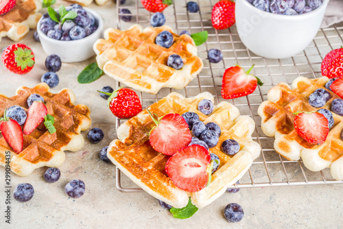 Sweet Homemade Breakfast Belgian Waffles with Berries - Strawberry and Blueberry