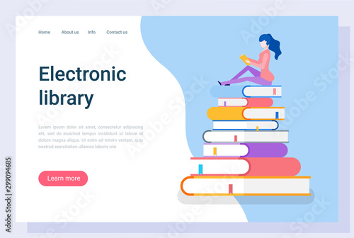 Electronic library vector, woman preparing for exam in university. Reader with books and information in printed materials learning new data. Website or webpage template, landing page flat style