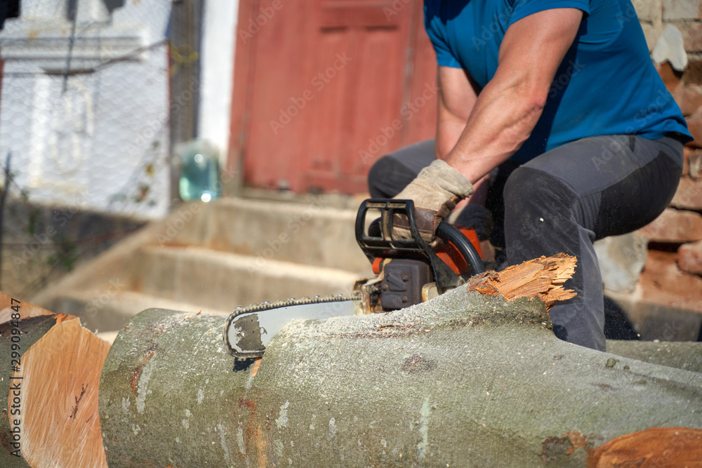 Anonymous man with chainsaw cutting logs Anonymous man with chainsaw cutting logs