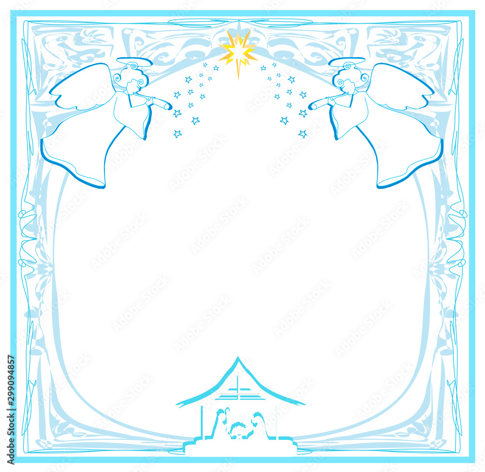 Decorated background with angels and Bethlehem.
