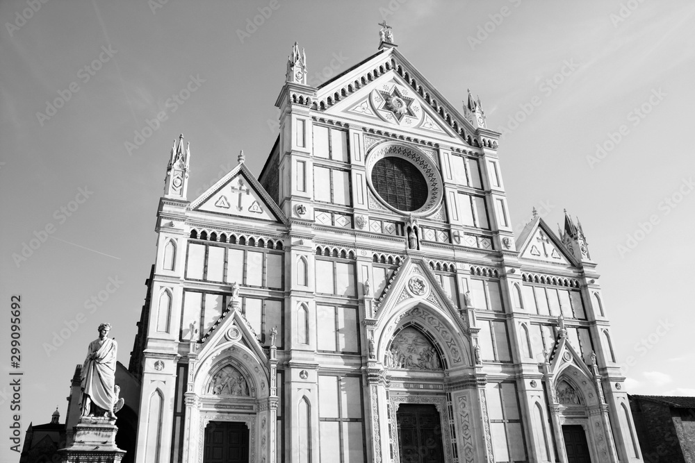 Florence, Italy. Santa Croce Basilica. Black and white vintage style. 