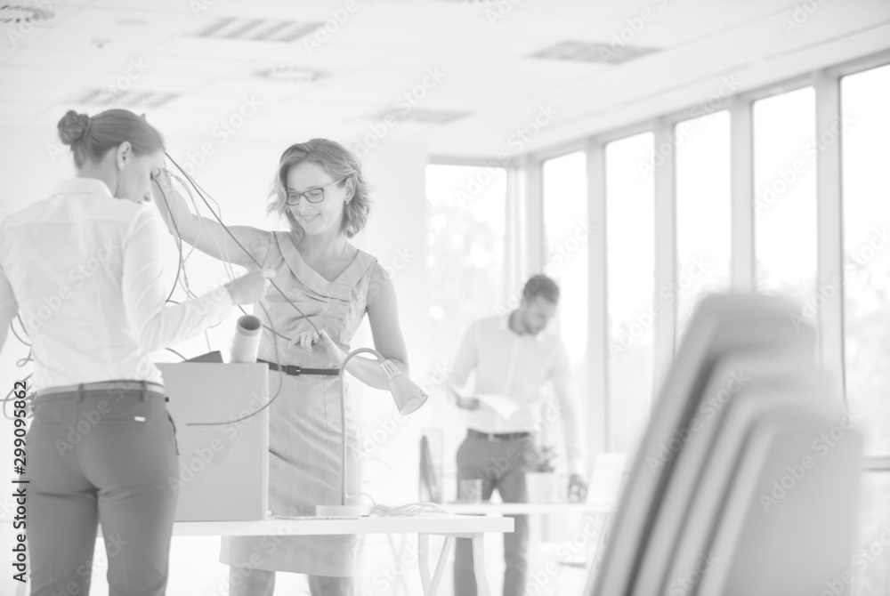 Obraz premium Businesswomen removing tangled cables from box at new office