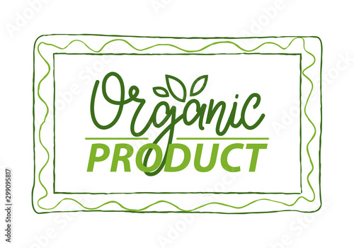 Menu logo in green abstract frame. Organic product simple label in rectangular frame isolated. Vector greenery, leaves on hand drawn badge, design of corporate identity logo on white