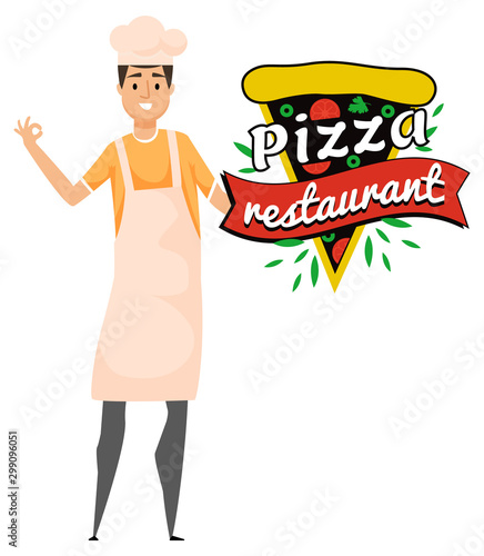 Pizza restaurant logo and baker in hat isolated pizzeria or cafe logo design. Fastfood snack and bakery man chef cook showing ok sign, kitchener. Vector illustration in flat cartoon style