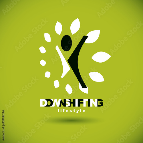 Vector illustration of happy abstract human with reaching up. Downshifting concept logo. Vegetarian theme icon. Green tourism symbol.