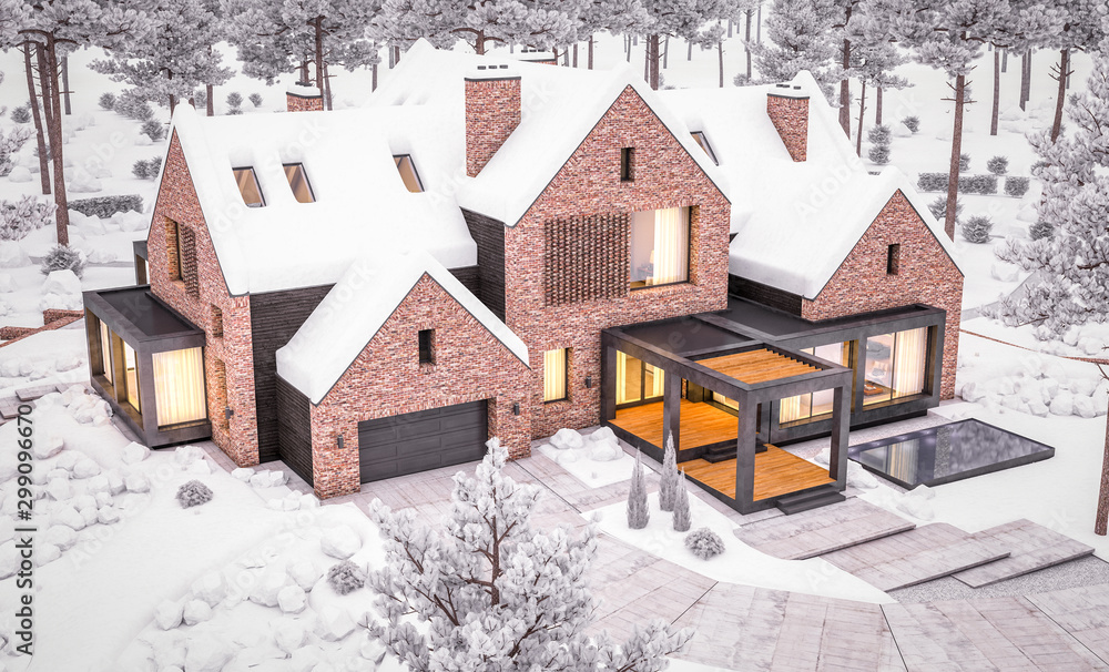 3d rendering of modern clinker house on the ponds with pool in winter evening