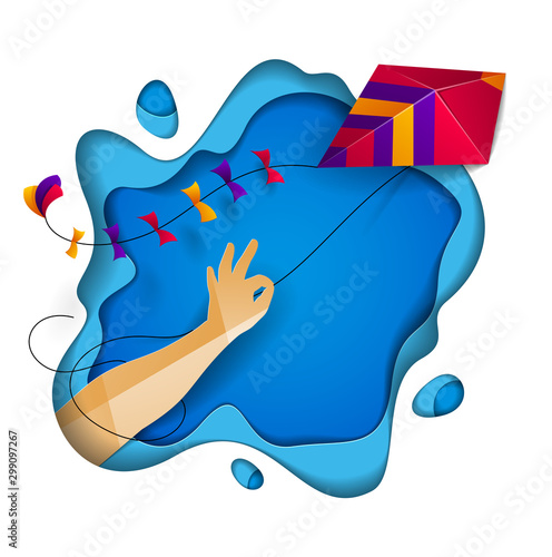 Hand holding kite over abstract curve shapes of blue layers sky, freedom and easiness emotional concept, vector modern style paper cut 3d illustration.