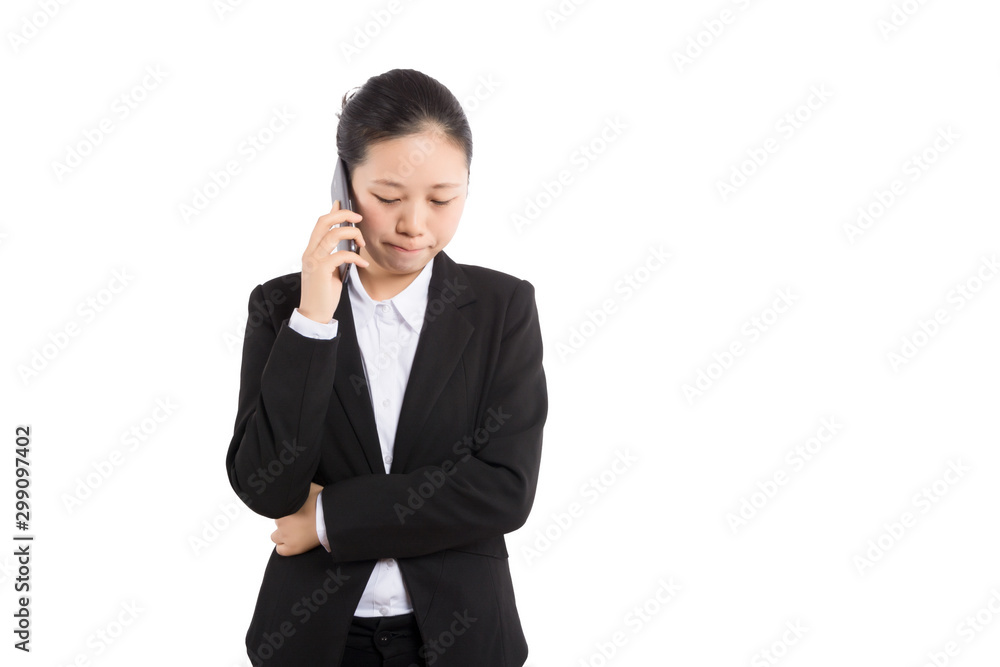 Young Business woman happy speaking mobile phone isolated on white background, model is a asian beauty Young Business woman happy speaking mobile phone isolated on white background, model is a asian beauty