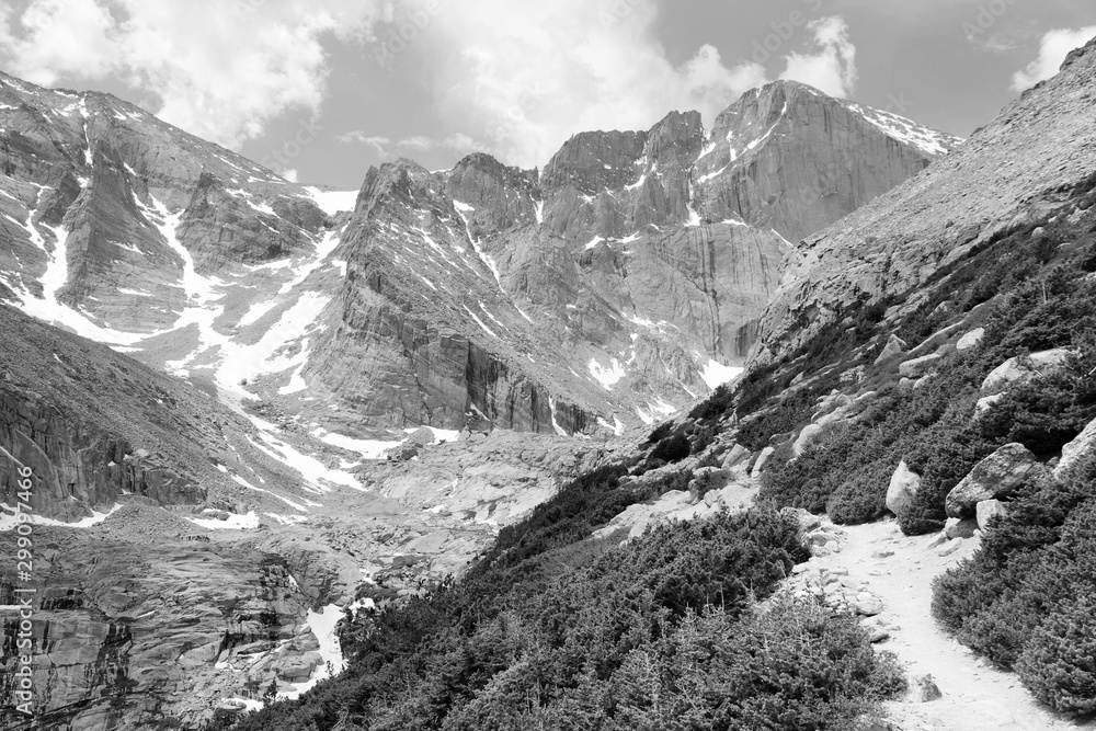 Rocky Mountain National Park. Black and white vintage style. American landscape.