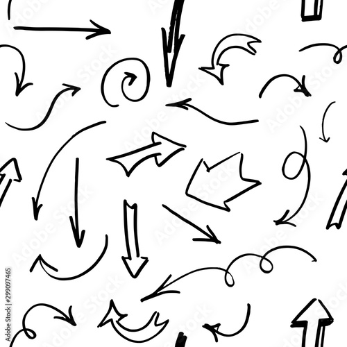 Seamless background of hand drawn arrows. Vector pattern  black doodle elements on white.