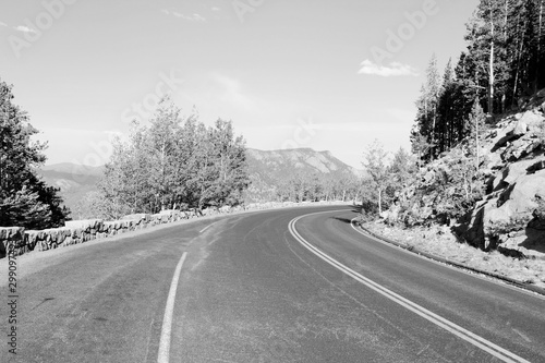 Colorado road. Black and white vintage style. American landscape.