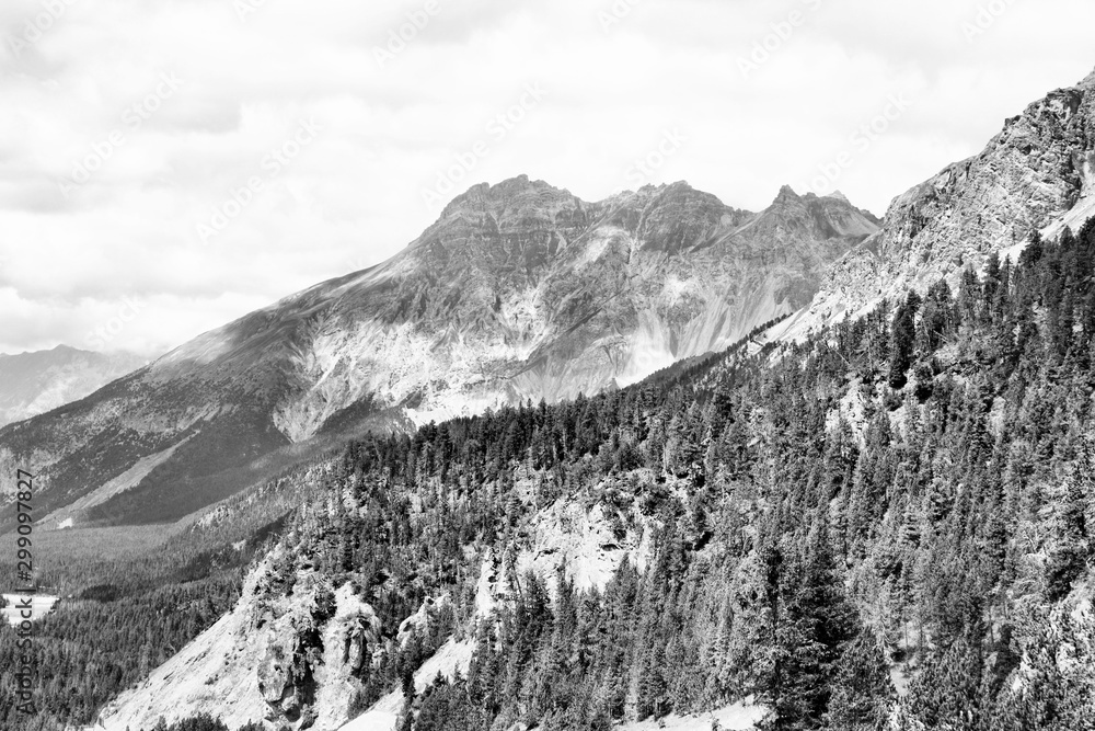 Switzerland mountains. Black and white vintage style.
