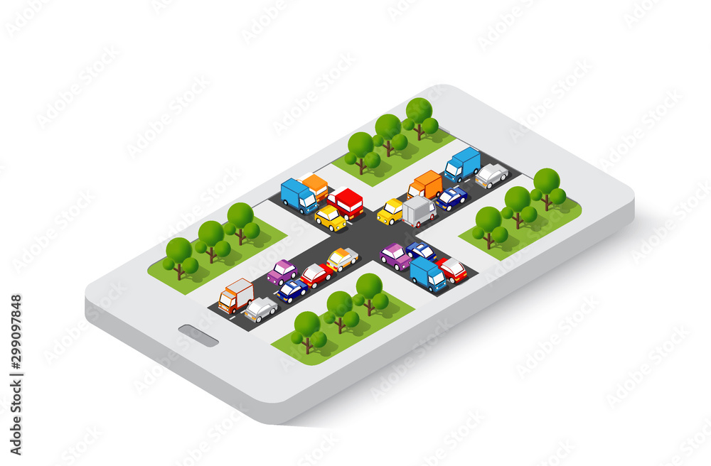 3D map of isometric city mobile phone on the street. 3D map of isometric city mobile phone on the street.