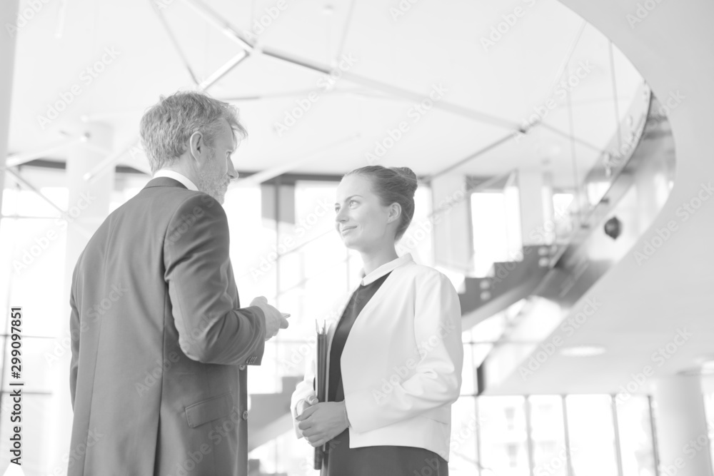 Fototapeta premium Black and white photo of Businessman and young businesswoman discussing at new office
