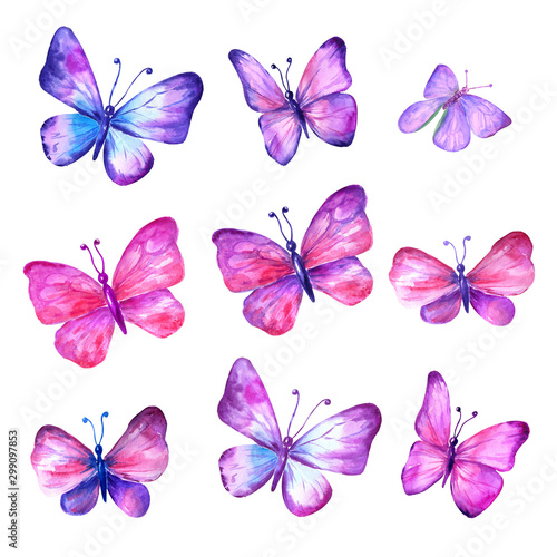 Set of watercolor butterflies hand-drawn.