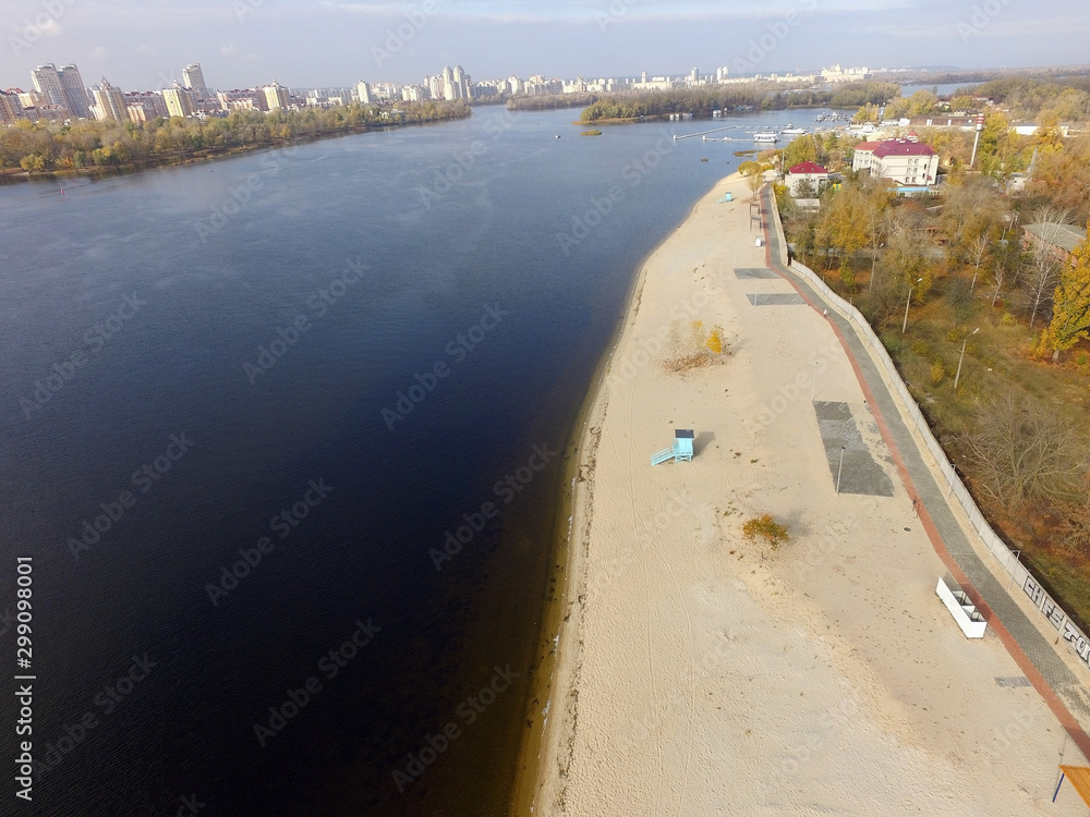 Aerial drone view of Kiev cityscape, Dnepr river. (drone image). 
