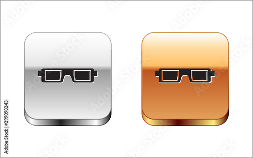Black 3D cinema glasses icon isolated on white background. Silver-gold square button. Vector Illustration