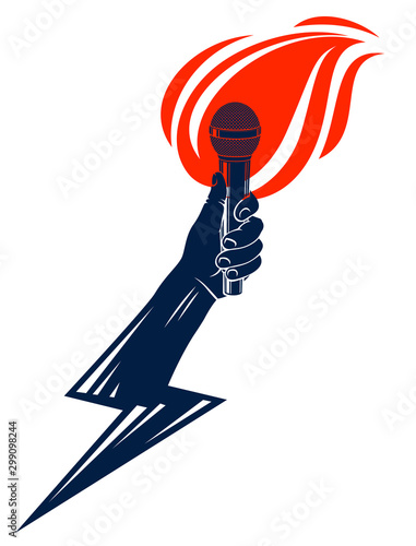 Microphone in hand on fire and lightning, hot mic in flames and bolt, rap battle rhymes music, concert festival or night club label, karaoke singing or standup comedy, vector logo.