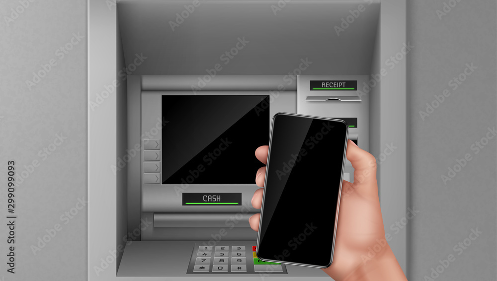 Atm and smartphone, hand holding mobile phone at automated teller machine screen. Nfc payment service online transaction and operation with money Bank finance terminal Realistic 3d vector illustration Atm and smartphone, hand holding mobile phone at automated teller machine screen. Nfc payment service online transaction and operation with money Bank finance terminal Realistic 3d vector illustration