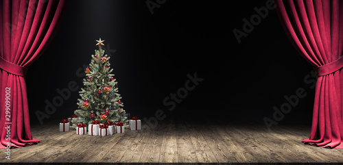 Christmas tree on stage. Holidays, Presents, New year, Christmas and Celebration concept with copy space 3d render 3d illustration