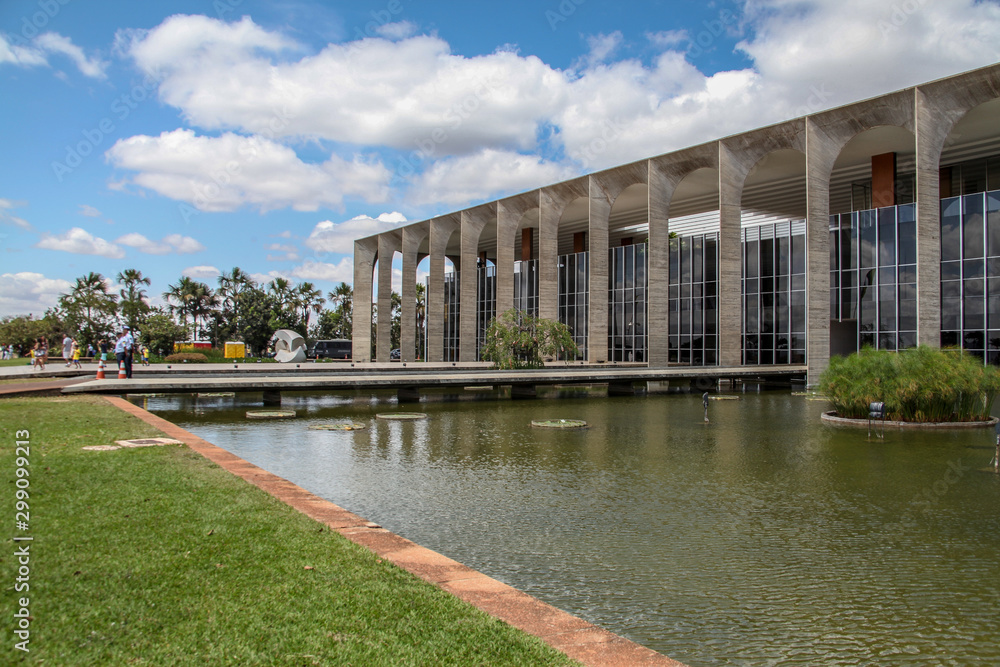 Brasilia, October 29, 2019: Palace of Justice, Ministry of Justice and Public Safety located in the Esplanade of Ministries, with beautiful Brazilian modernist architecture, famous for its arches.