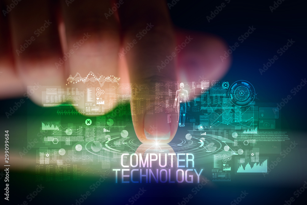 Finger touching tablet with web technology icons and COMPUTER TECHNOLOGY inscription