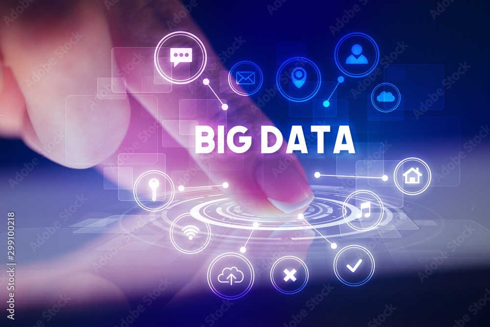 Finger touching tablet with web technology icons and BIG DATA inscription, web technology concept Finger touching tablet with web technology icons and BIG DATA inscription, web technology concept